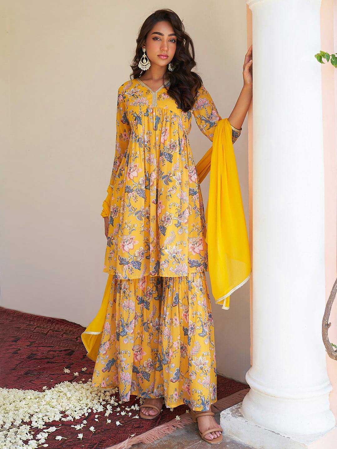 Yellow Georgette Digital Floral Printed Kurta With Sharara And Dupatta
