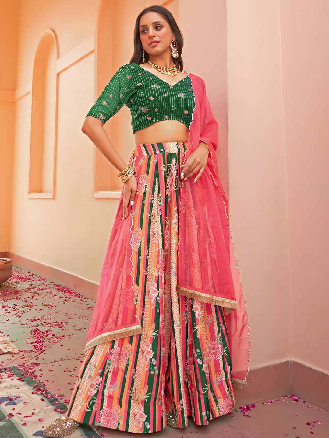 MULTICOLOR CREPE SILK DIGITAL FLORAL PRINTED LEHENGA CHOLI DUPATTA
