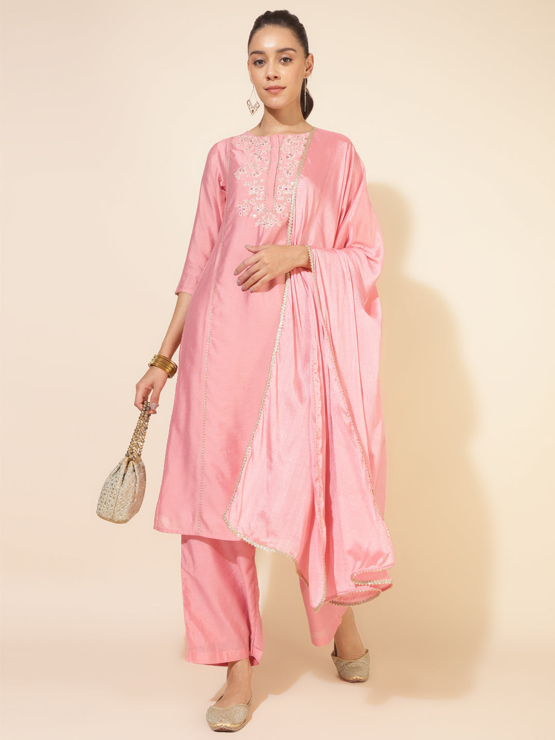 PINK CHANDERI EMBELLISHED KURTA WITH PALAZZO AND DUPATTA 