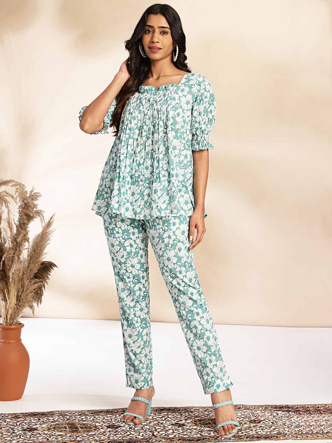 MINT COTTON FLORAL A-LINE CO-ORD SET
