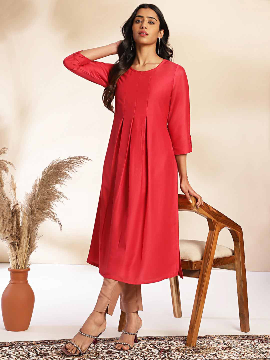 PINK CHINNON SOLID PLEATED KURTA SET 