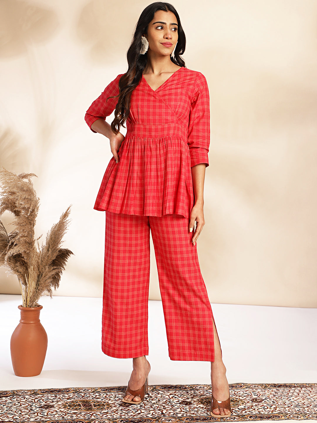 RED COTTON CHECKED PEPLUM CO-ORD SET
