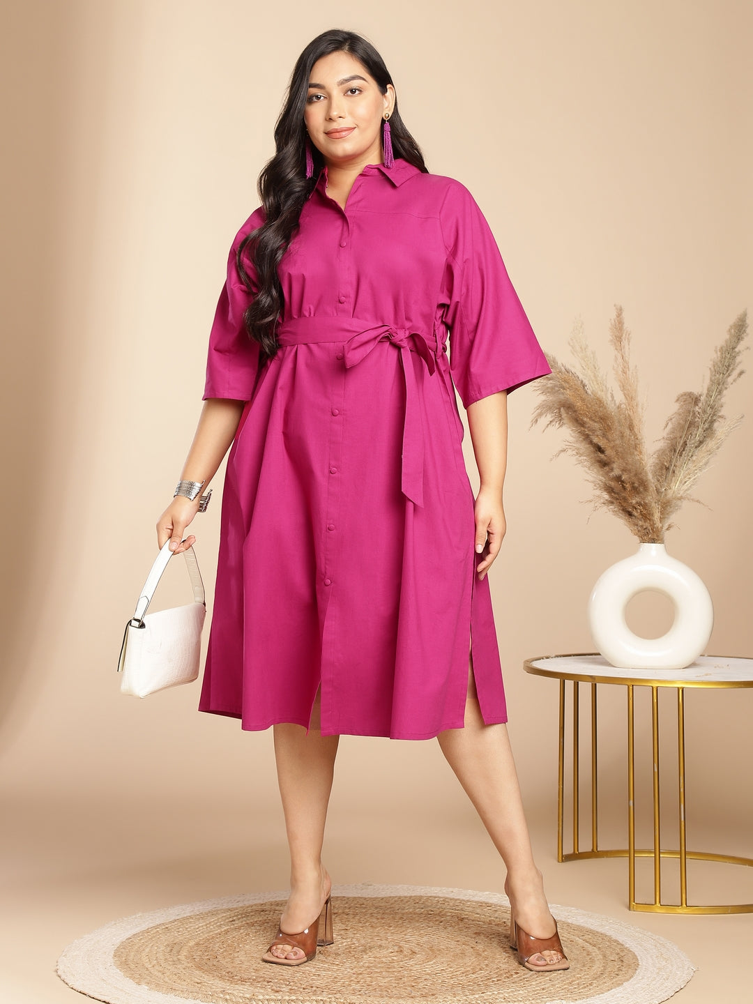 PLUS SIZE PINK POPLIN SOLID SHIRT STYLE DRESS
