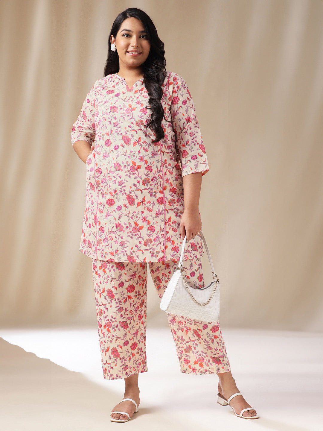 Plus Size Cream Cotton Floral A-Line Co-ord Set 