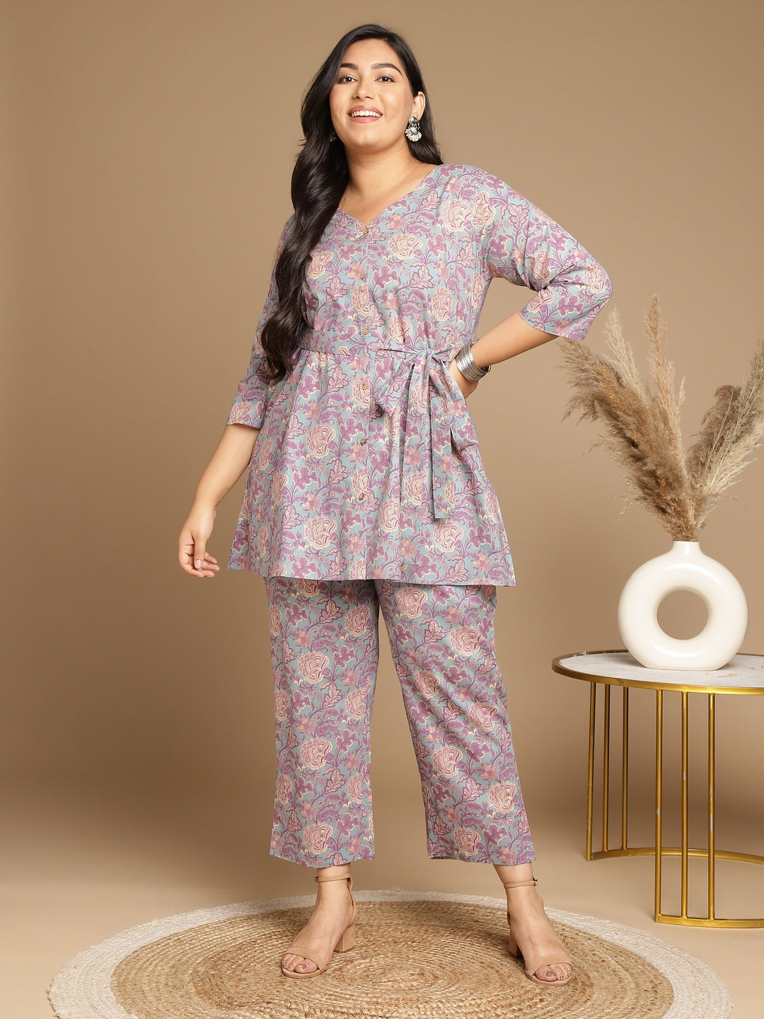 PLUS SIZE LIGHT BLUE COTTON FLORAL A-LINE CO-ORD SET
