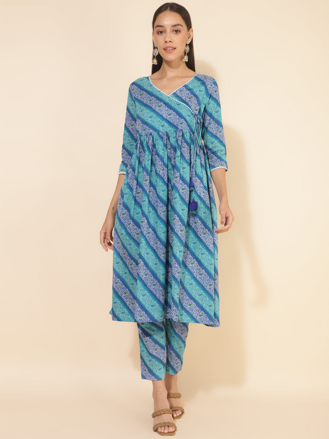 Blue Cotton Bandhani Printed Kurta with Pant
