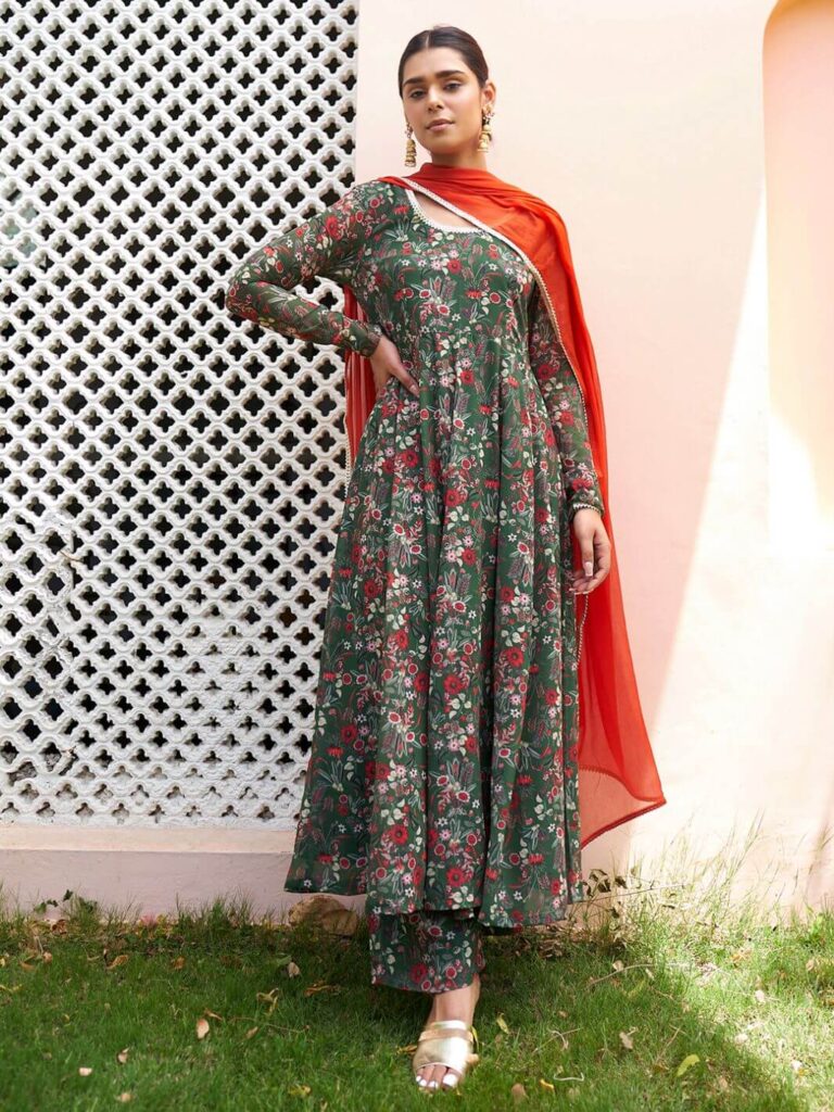 Green Floral Printed Kurta Palazzo Set
