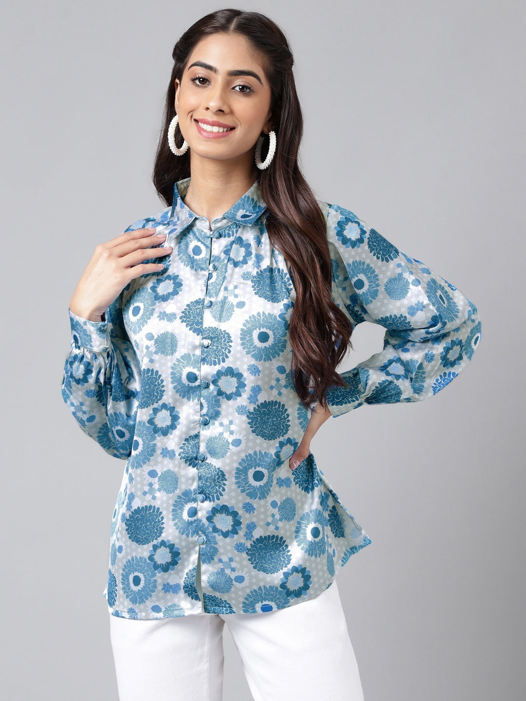 Grey Satin Digital Floral Printed Shirt Style Top
