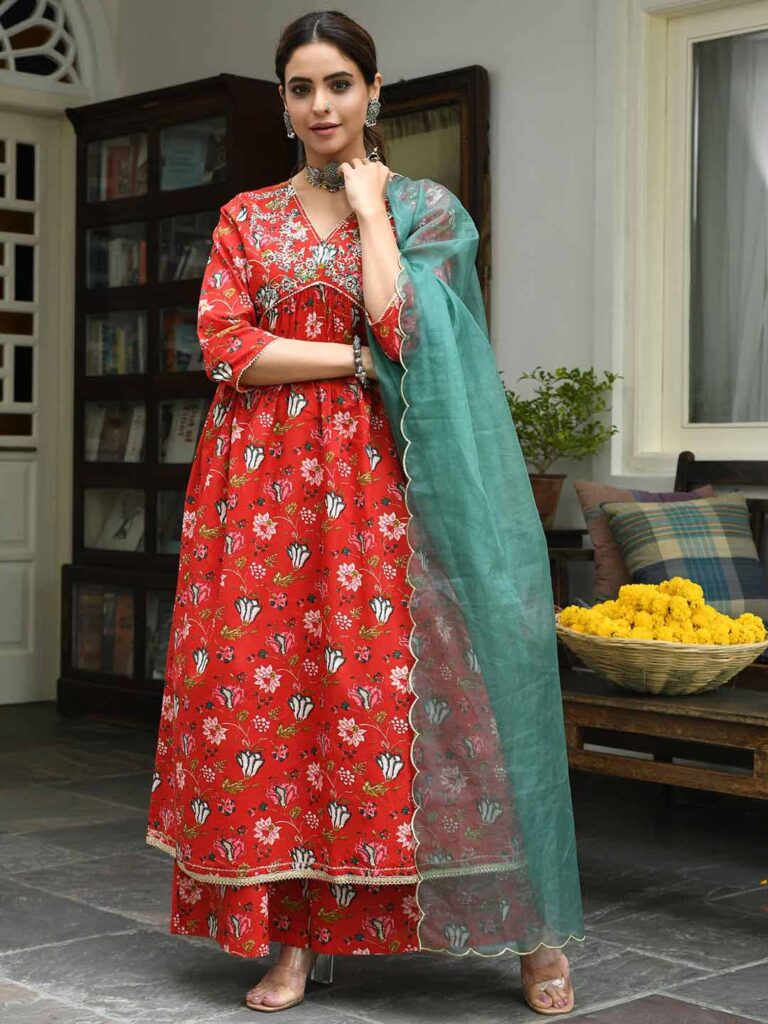 Red Cotton Floral Block Print Kurta Palazzo Set
