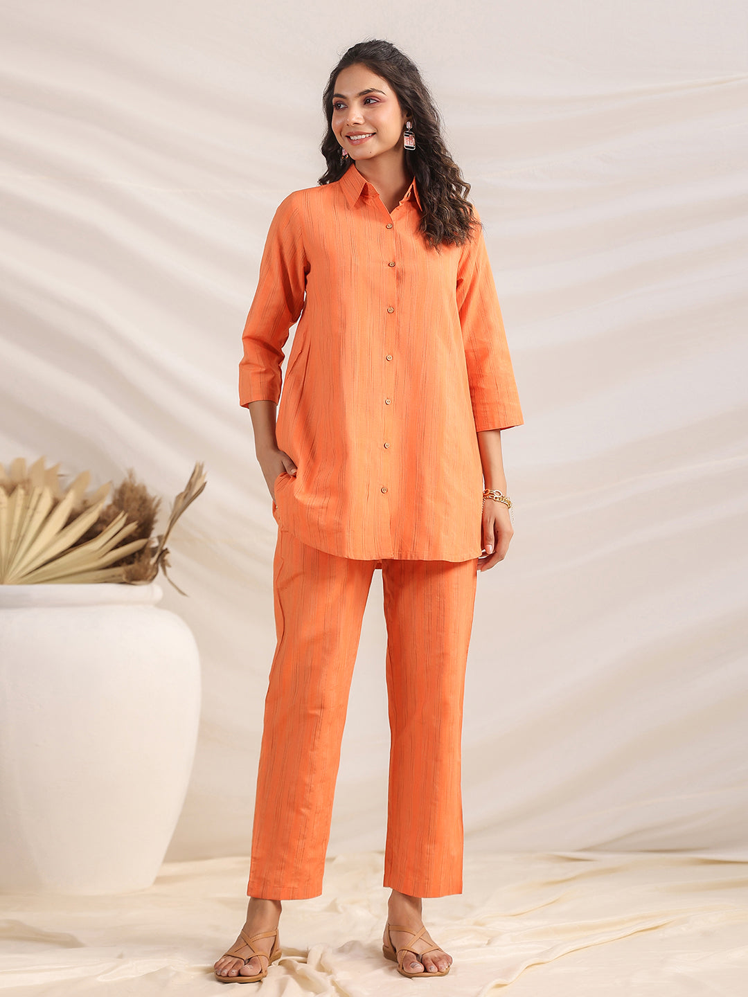 Orange Cotton Blend Striped Shirt Style Co-ord Set
