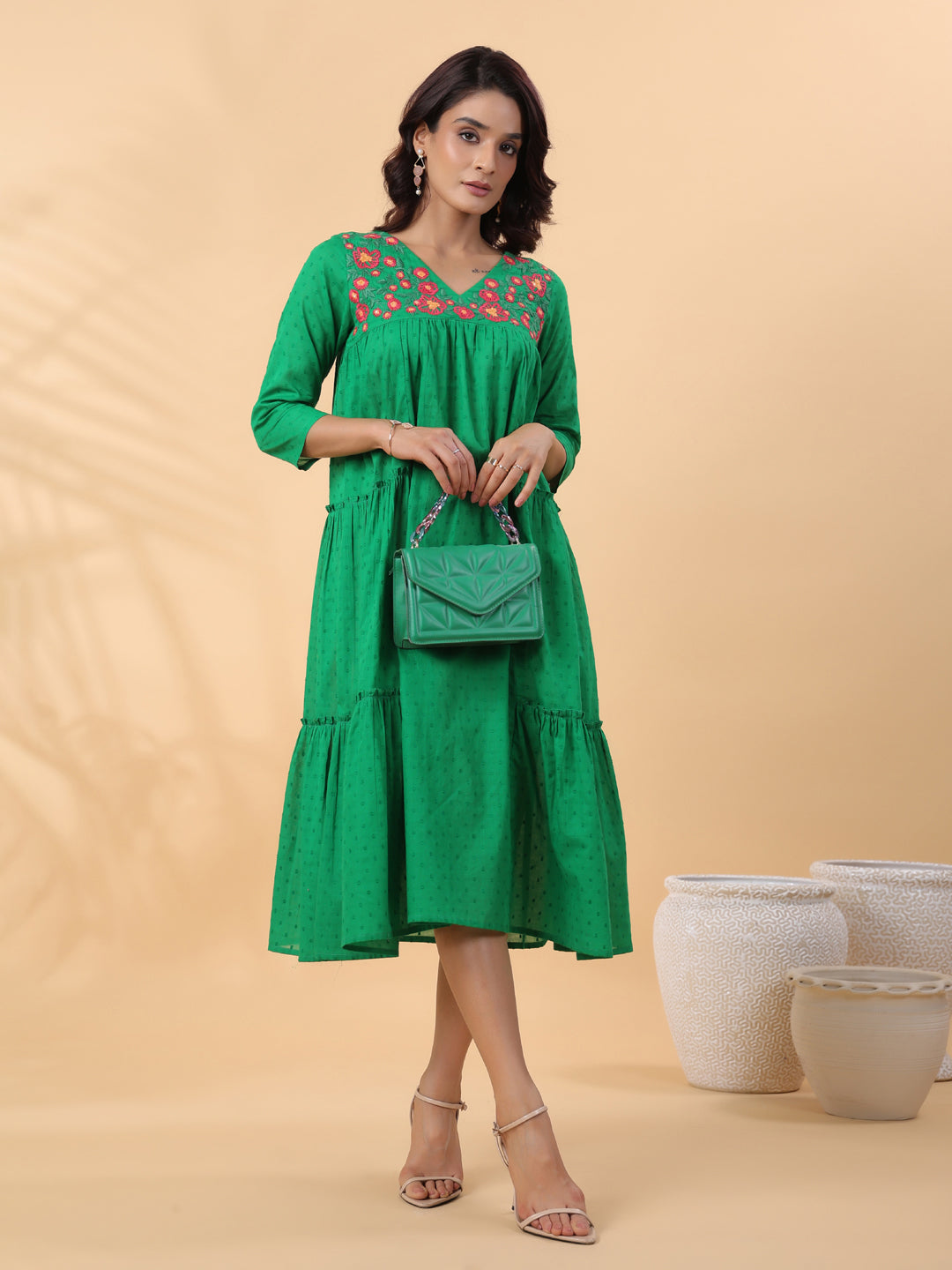 Green Dobby Cotton Embroidered Pleated Dress
