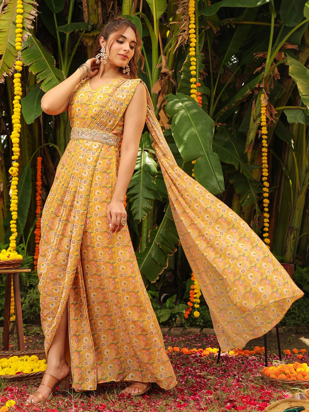 Mustard Georgette Floral Ready To Wear Dress Saree
