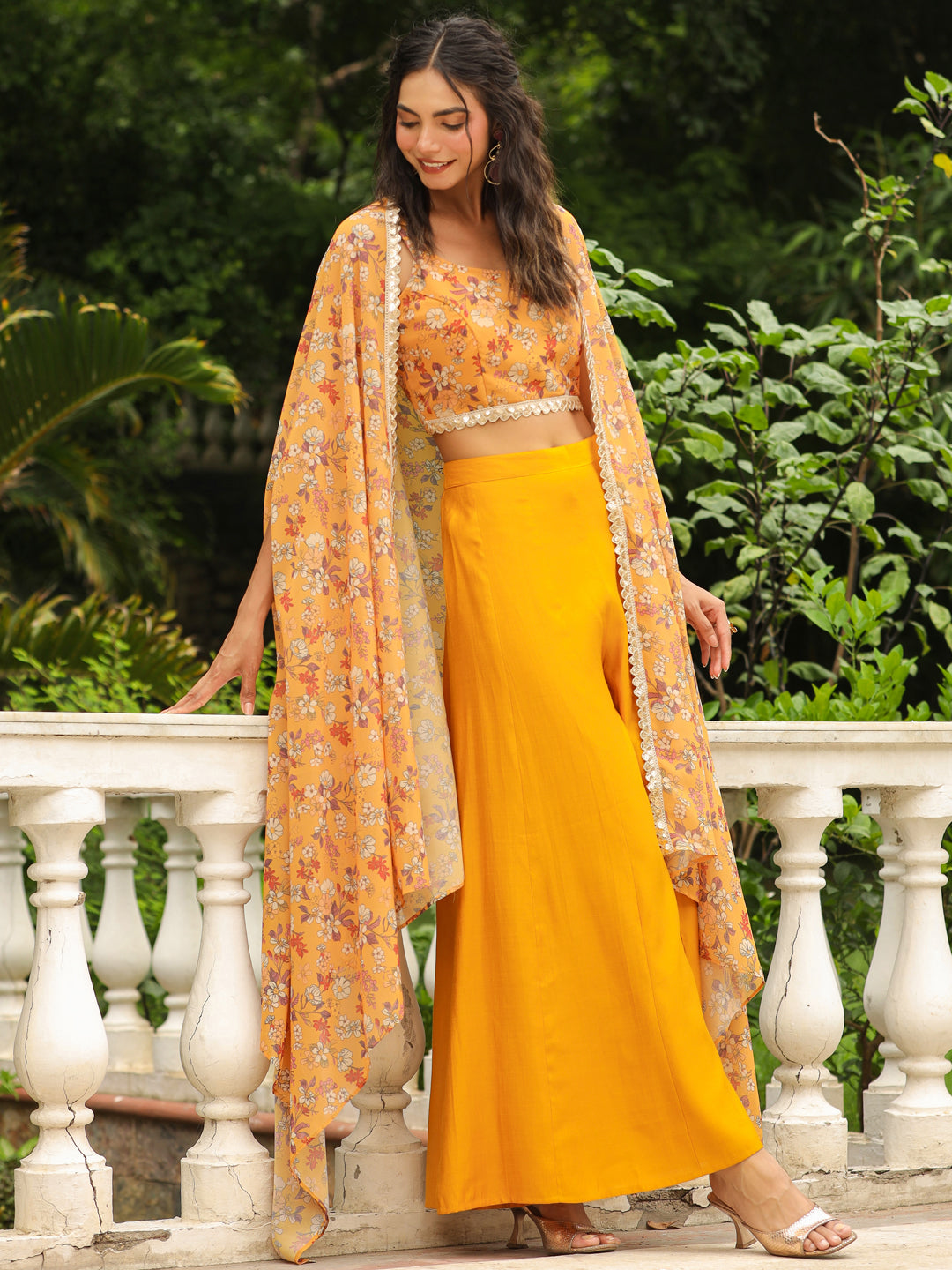 Mustard Georgette Floral Printed Top With Palazzo & Cape Set
