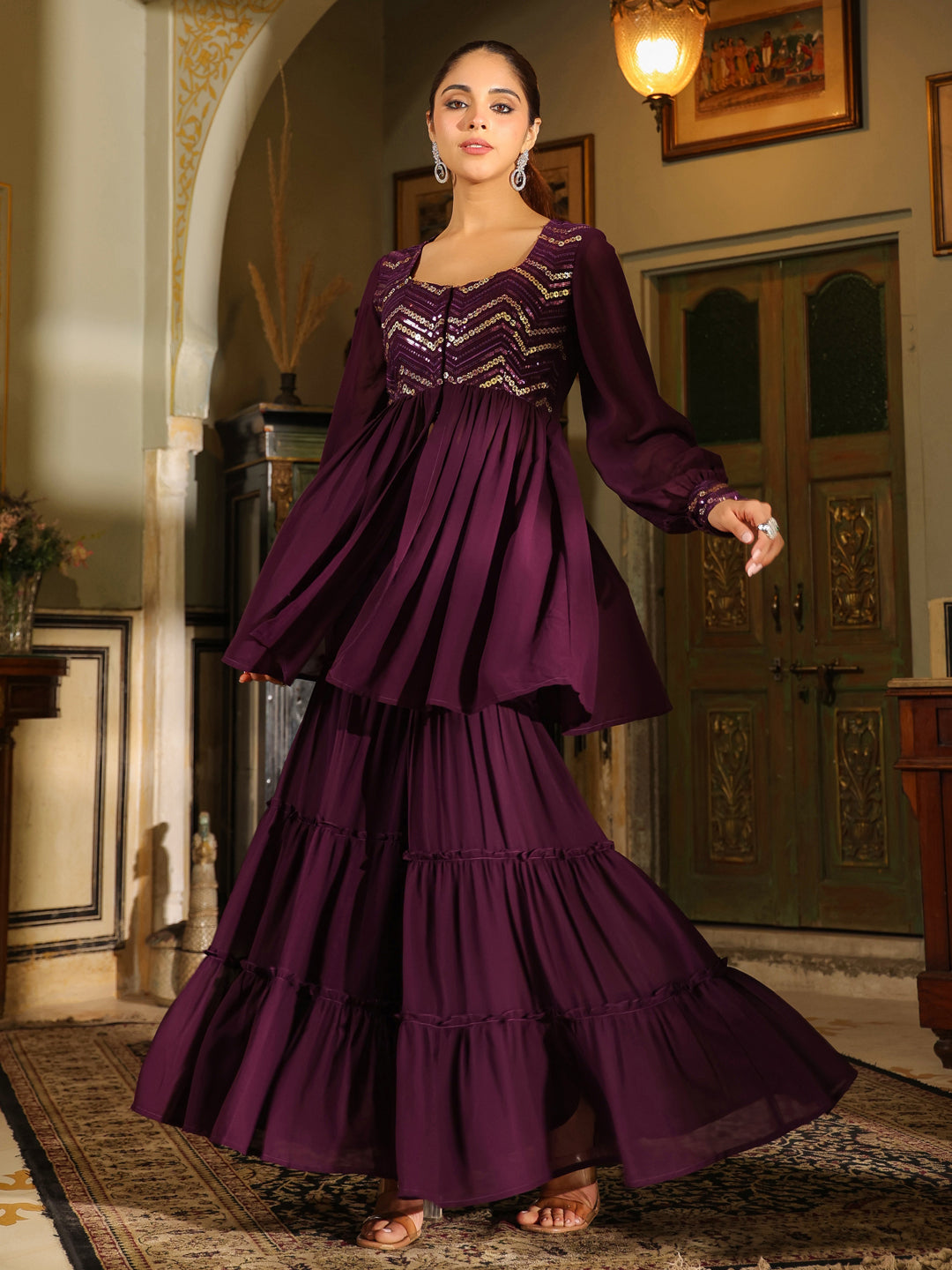 Purple Georgette Sequined Front Slit Peplum Sharara Set
