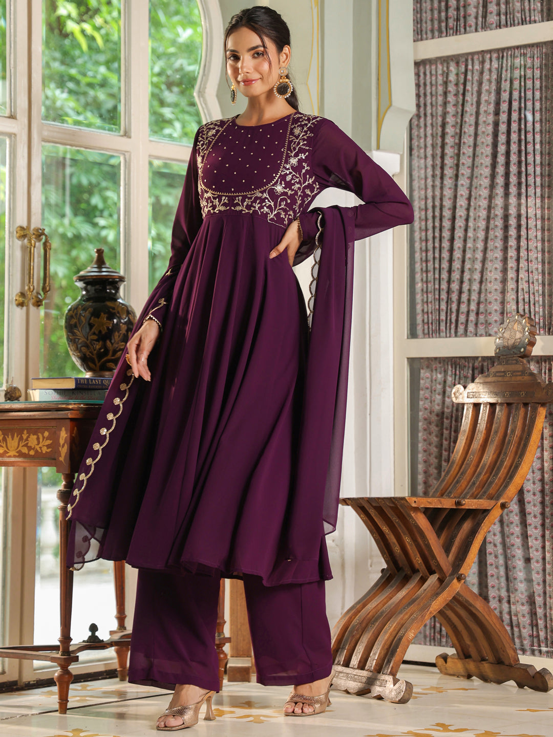 Purple Georgette Embroidered Anarkali Palazzo Set
