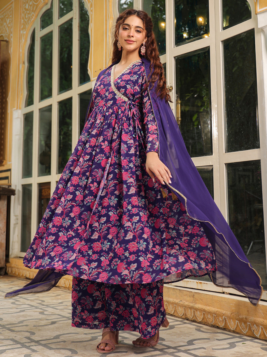 Purple Georgette Floral Printed Angrakha Kurta Set
