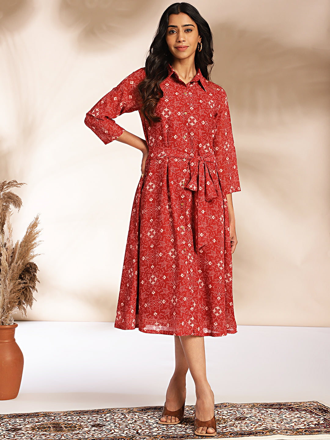 Maroon Georgette Printed Shirt Style Dress
