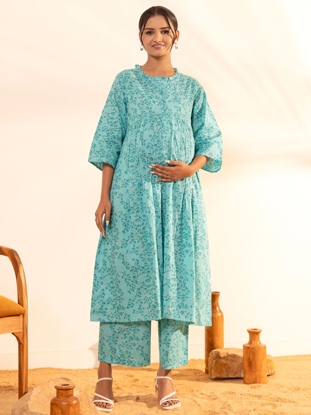 Sea Green Cotton Floral Printed Maternity Kurta with Palazzo
