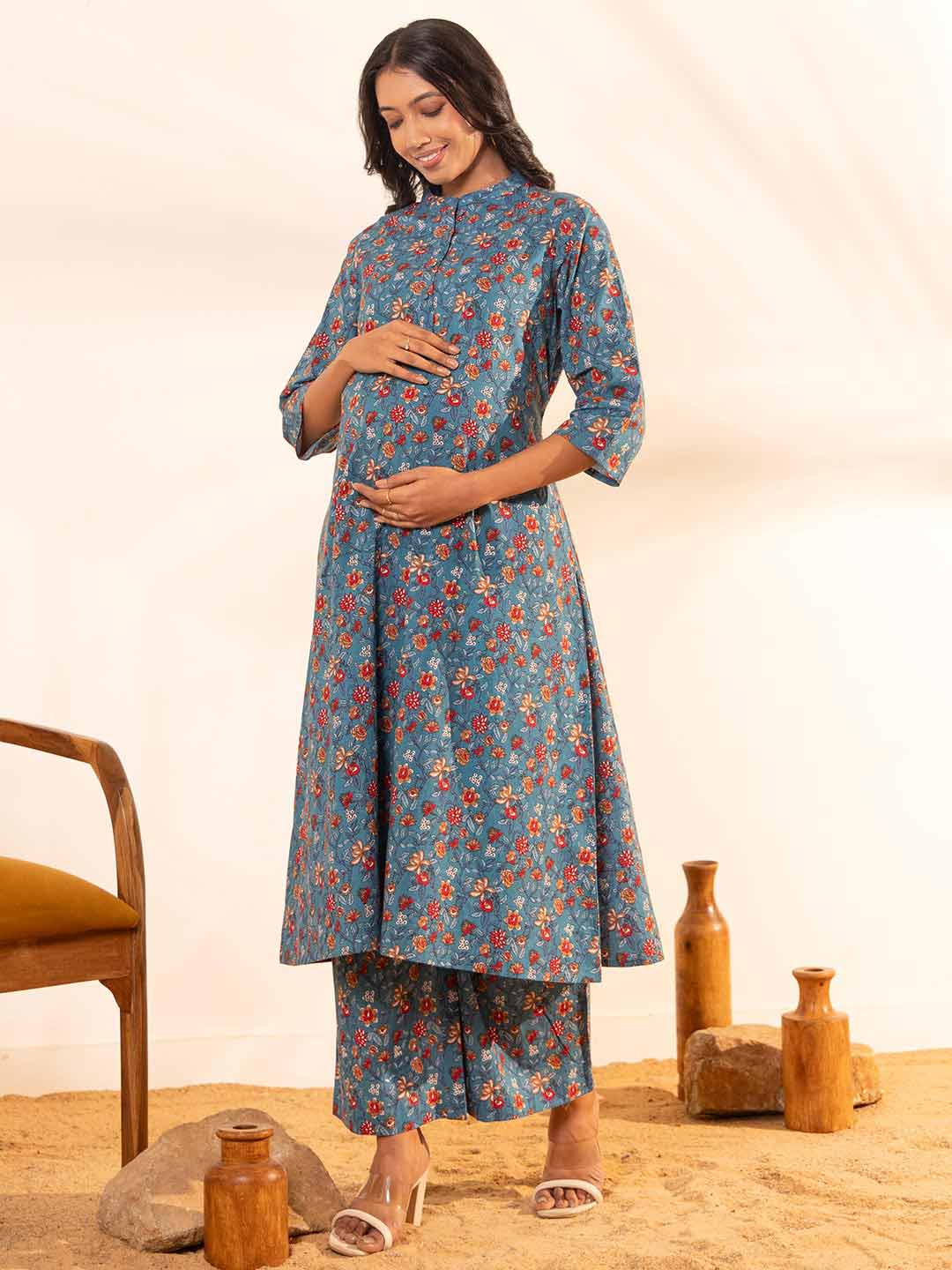 Blue Cotton Floral A-Line Maternity Kurta Set 