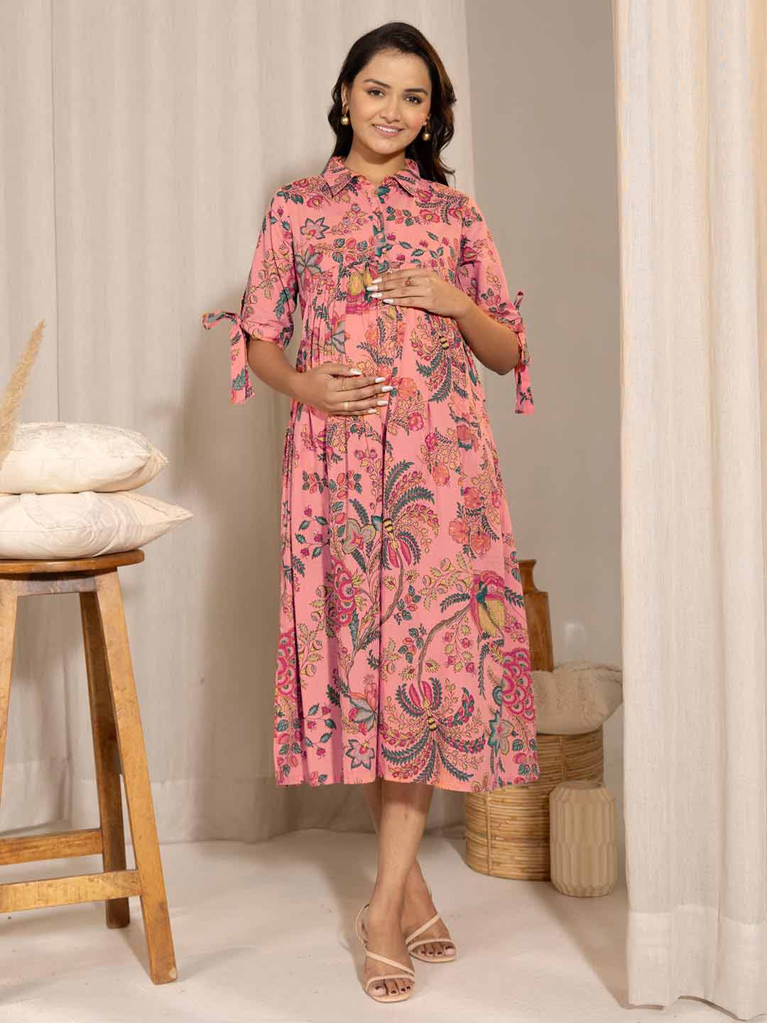 Peach Cotton Floral Gathered Maternity Dress
