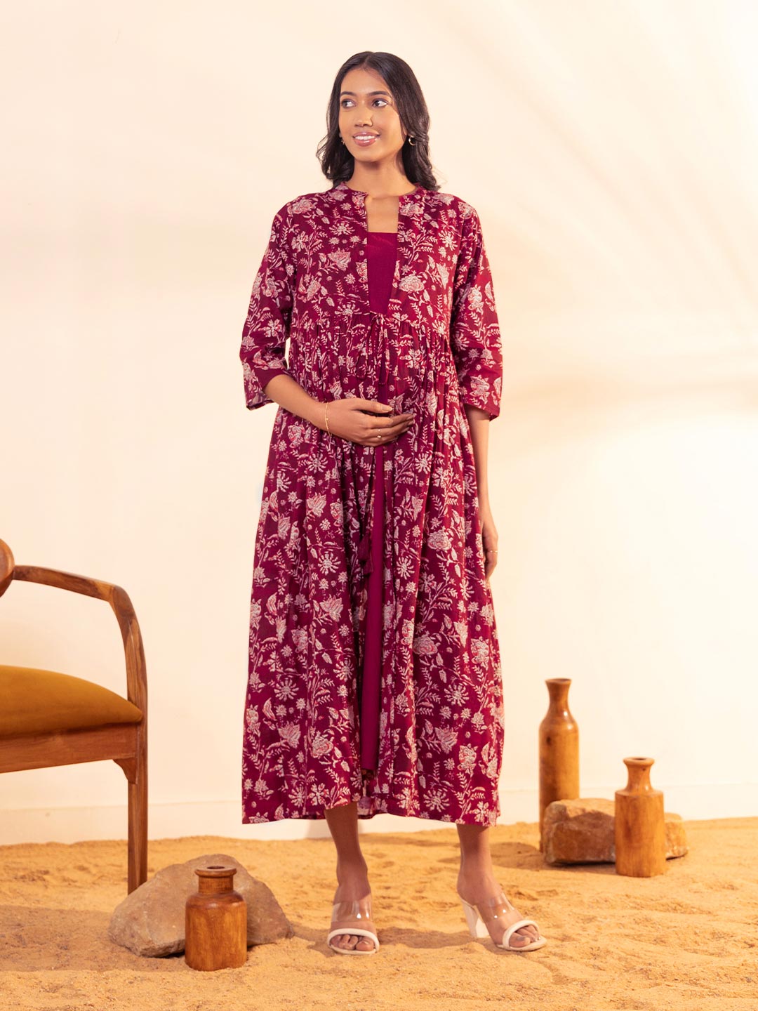 Maroon Cotton Floral Front Tie-Up Maternity Dress
