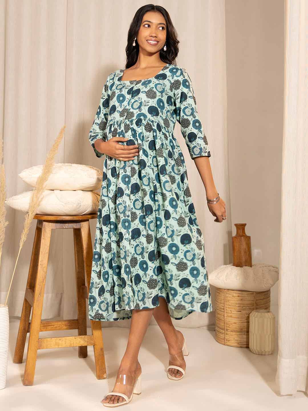 Light Blue Cotton Floral Fit & Flare Maternity Dress
