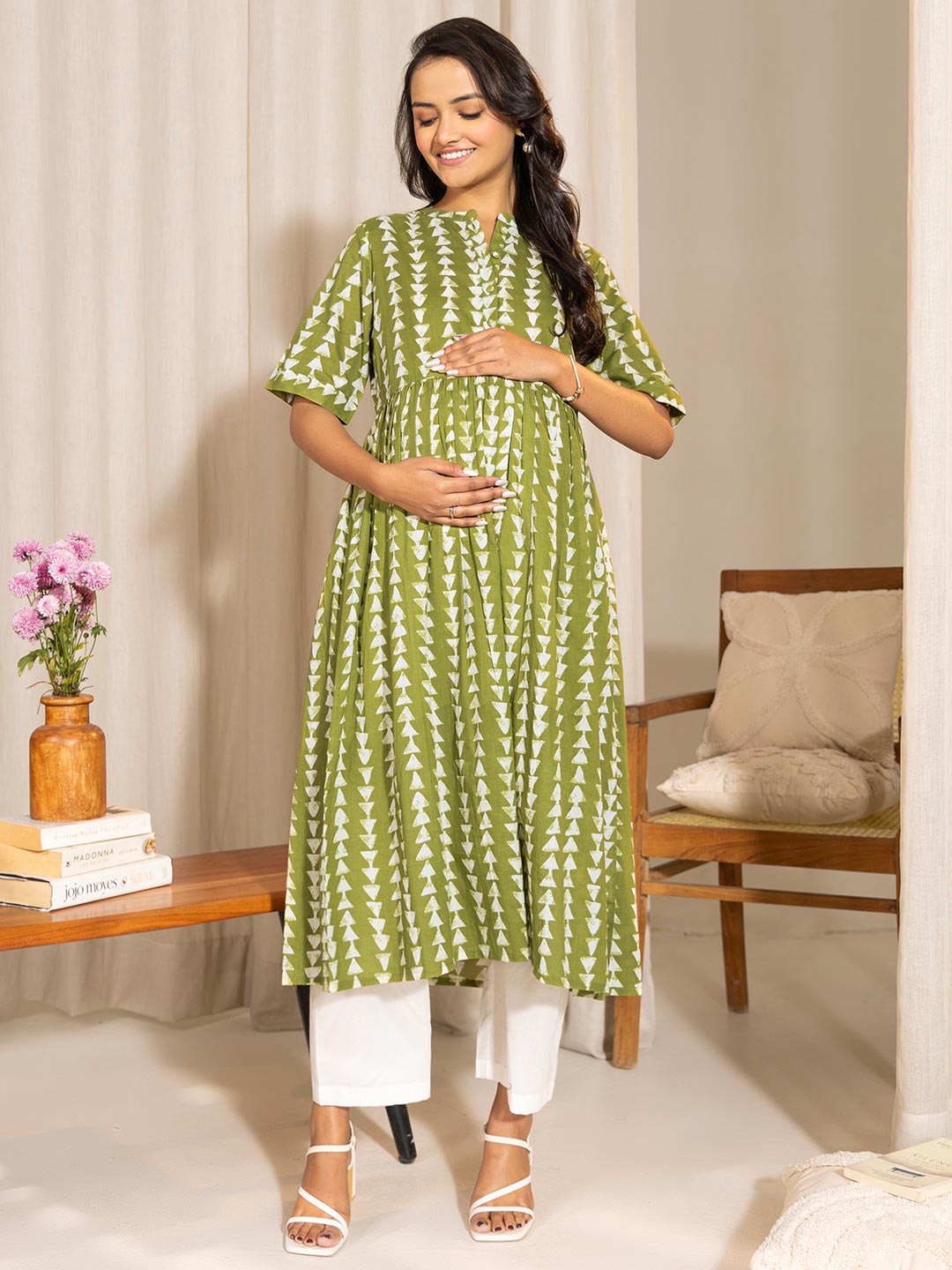 Green Cotton Block Printed Gathered Maternity Kurta
