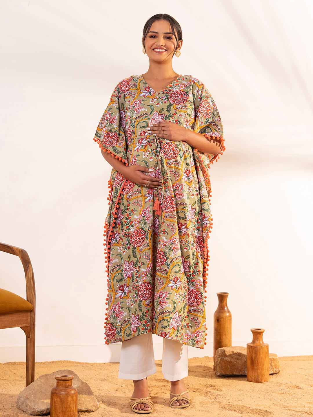 Beige Cotton Printed Kaftan Maternity Kurta 