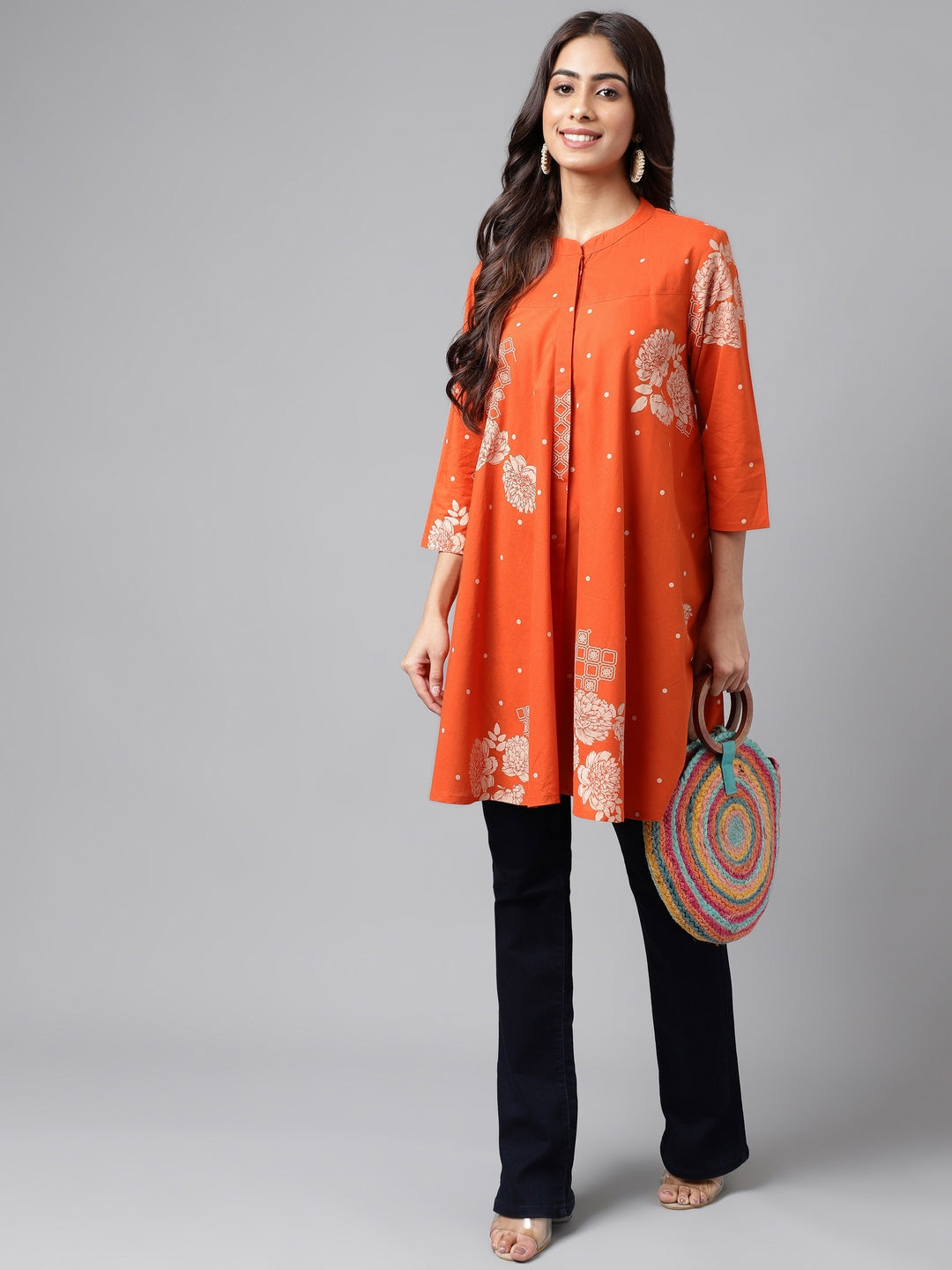 Orange Cotton Floral Printed Flared Tunic
