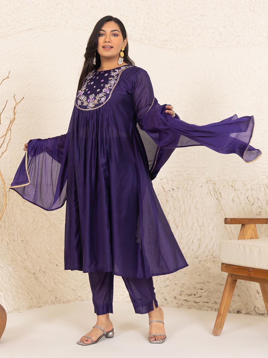 Plus Size Purple Chanderi Yoke Embroidery A-Line Kurta Set
