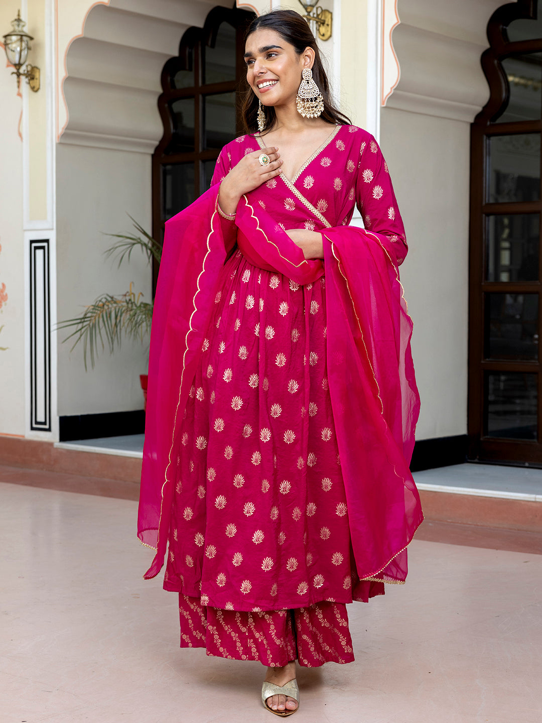 Pink Brocade Woven Design Kurta with Palazzo and Dupatta
