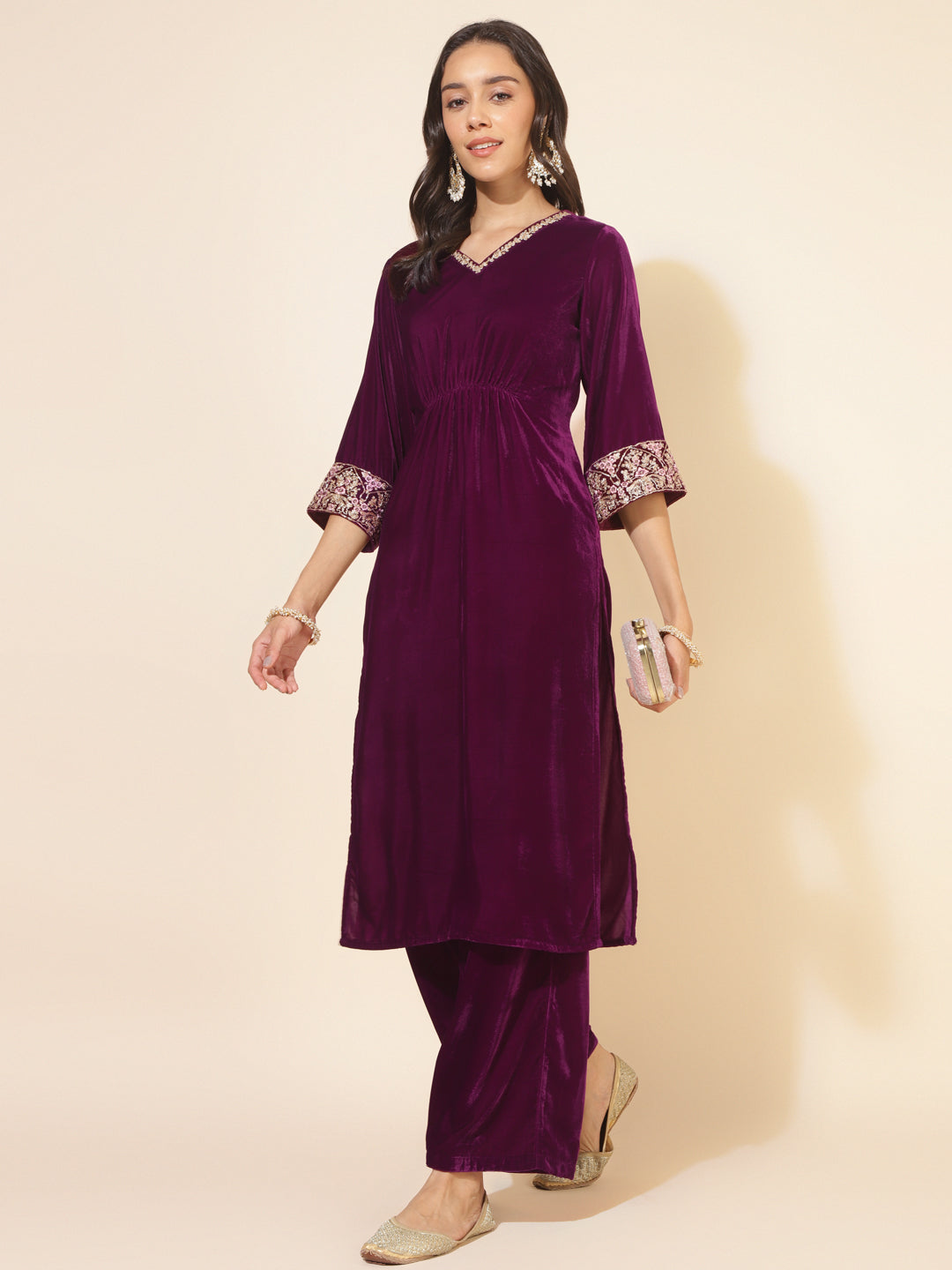 Purple Velvet Embellished Kurta with Palazzo
