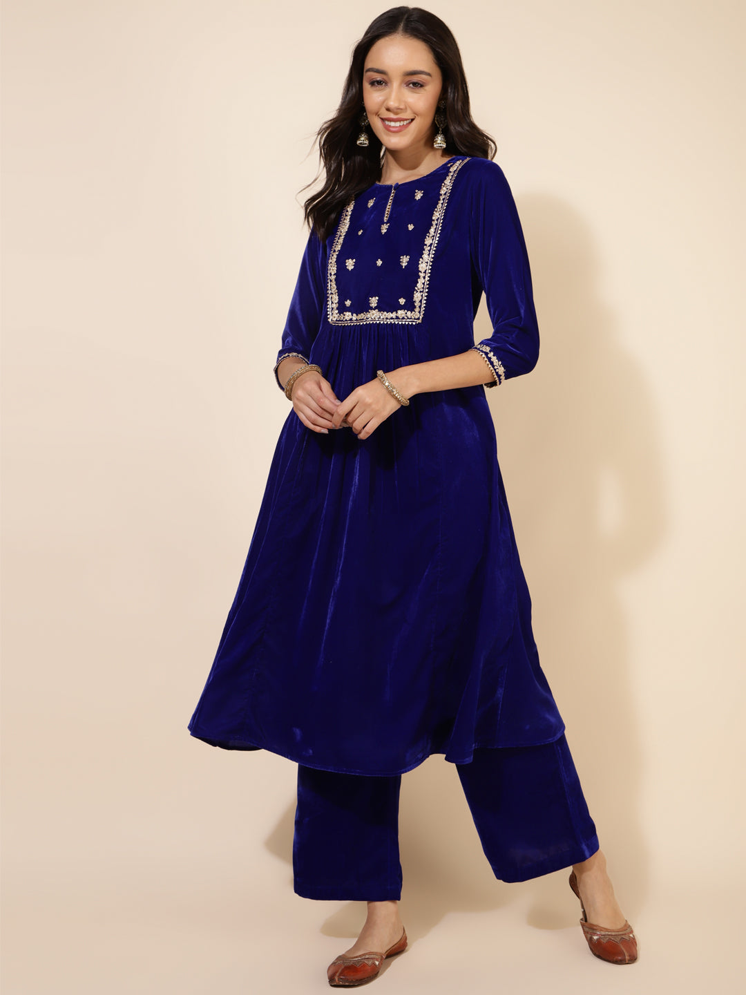 Royal Blue Velvet Embellished Kurta and Palazzo
