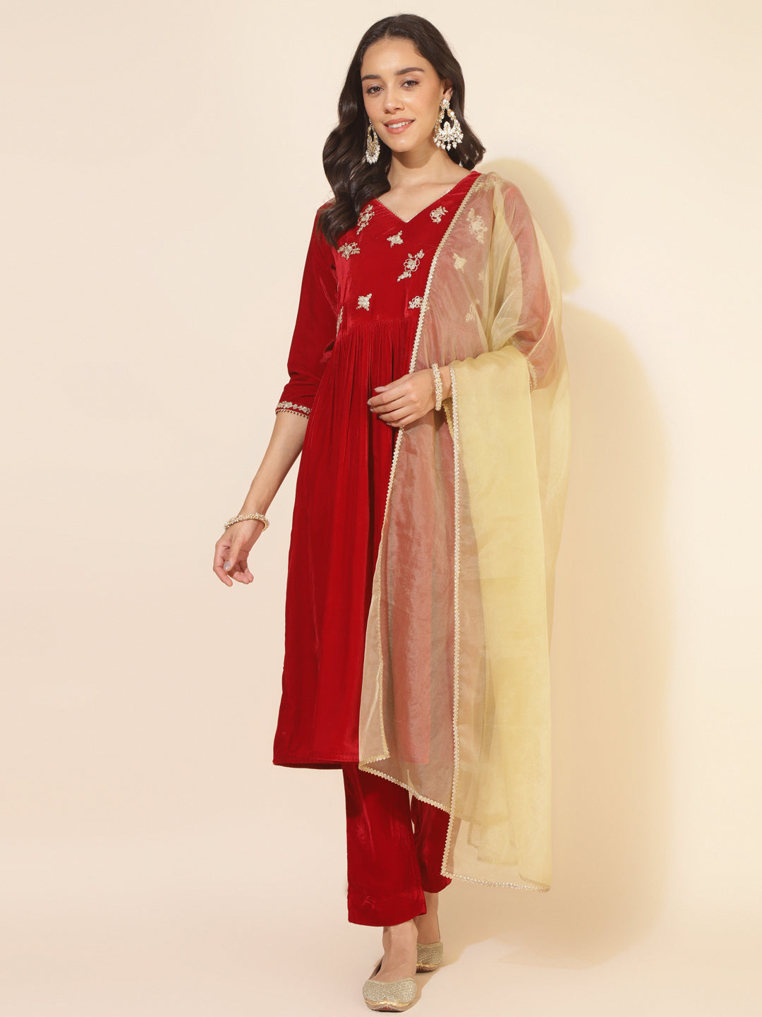 Red Velvet Embellished Kurta with Pant and Dupatta
