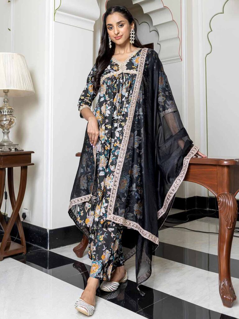 Black Cotton Embellished Kurta with Palazzo and Dupatta
