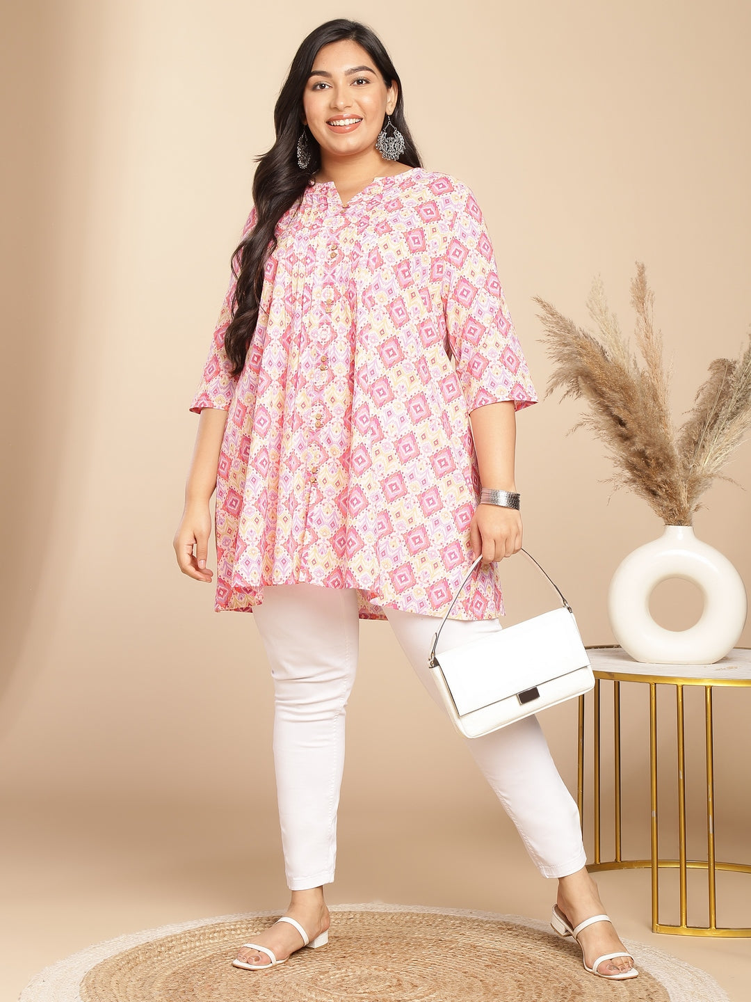 Plus Size Pink Cotton Ikkat Pleated Tunic
