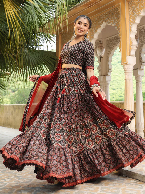 Black & Maroon Pure Cotton Ethnic Motifs Printed Tiered Lehenga