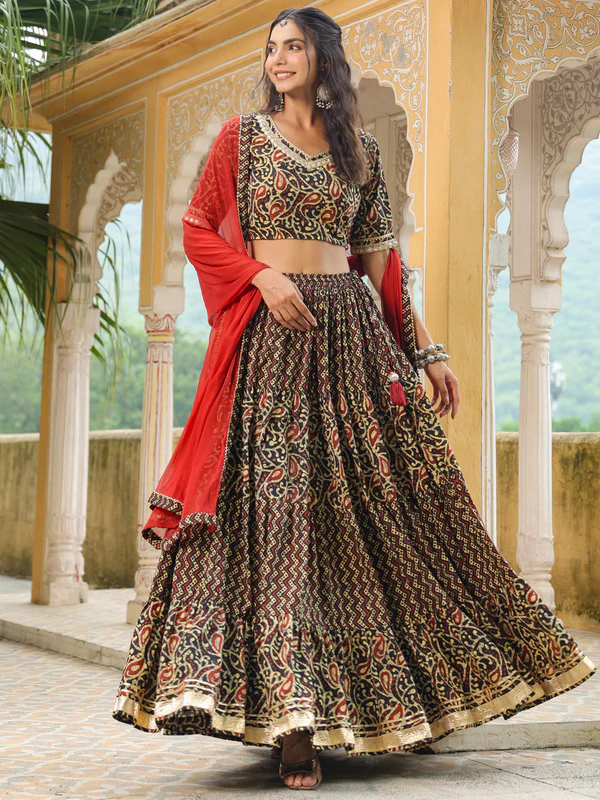 Black Pure Cotton Batik Printed Tiered Lehenga