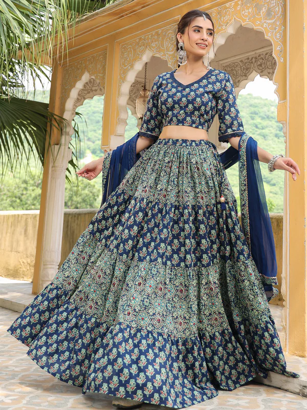 Blue Pure Cotton Ajrakh Printed Tiered Lehenga