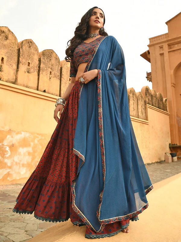 maroon cotton block print lehenga